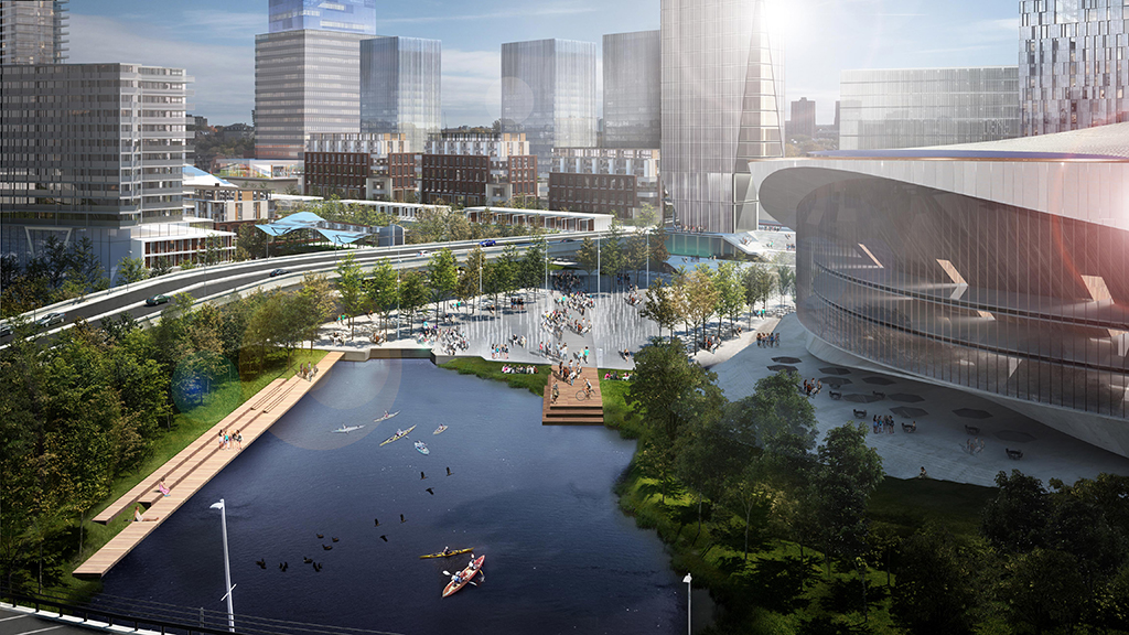 Artist conceptual drawing of the new Entertainment Centre and future home of the Ottawa Senators, the inland waterway and water park elements of the public realm and the variety of office and residential towers.